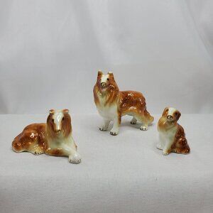 Vtg Mini Collie Dog Figurine Set Of 3 Ceramic Hand painted Collectibles **READ**